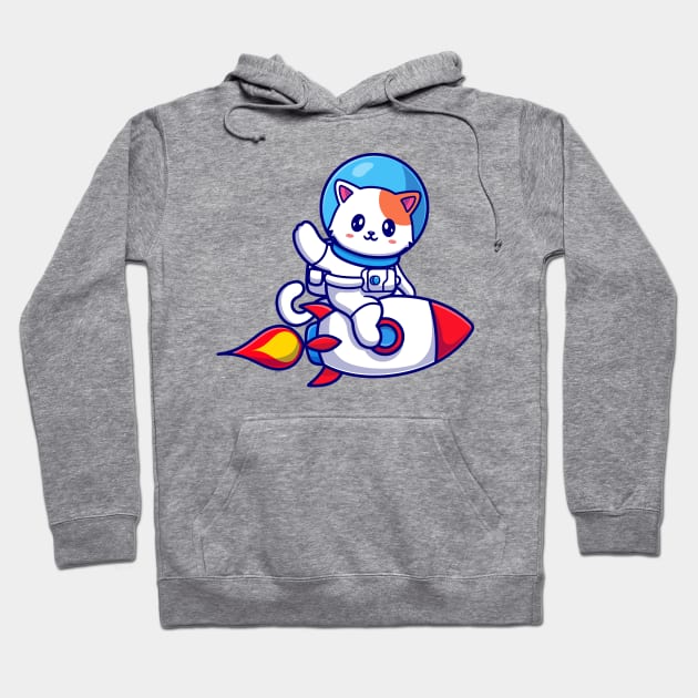 Cute Cat Astronaut Riding Rocket And Waving Hand Cartoon Hoodie by Catalyst Labs